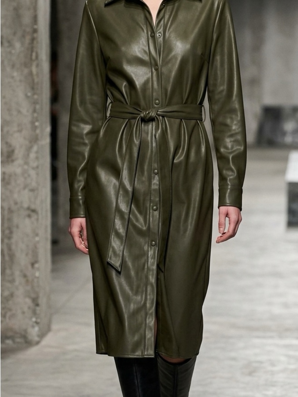 Suzy Shier Olive Green Faux Leather Belted Shirt Dress
